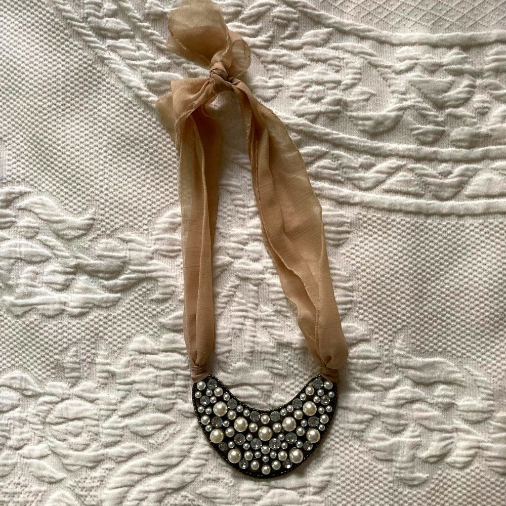 Elegant "Pearl and Diamond" Necklace w/ Fabric Tie